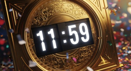 Vintage gold clock showing 1159 amidst falling confetti