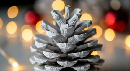 White pinecone in front of blurred Christmas lights and red ornaments