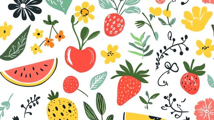 Abstract summer botanical doodle background art vector set Hand drawn flower, watermelon, strawberry, cherry Design for print, wallpaper, clipart, wall art for home decoration