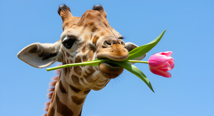 Obraz premium Cute giraffe biting a pink tulip flower with a bright blue sky background, showing a unique and adorable natural moment.