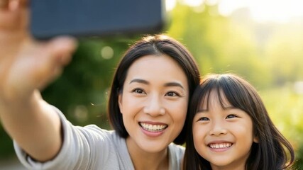 Happy Asian mother and daughter taking a selfie with a smartphone outdoors, smiling brightly in a sunny park setting. - Powered by Adobe