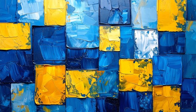Abstract painting with vibrant yellow and blue squares