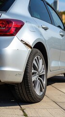 Fototapeta premium Silver car's rear bumper and quarter panel show significant damage; paint scraped and dented