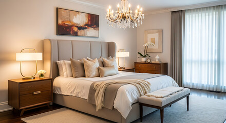 Obraz premium Modern Minimalist Bedroom Interior with Simple Bed, Clean White Walls, Wooden Floor, and Large Window with Natural Light for Cozy and Elegant Home Inspiration