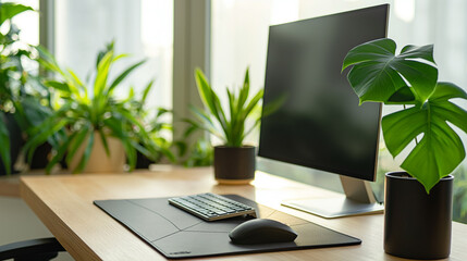 Local de Trabalho Moderno e Elegante com Plantas e Monitor