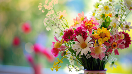 Buquê de Flores Coloridas em Vaso com Fundo Natural Desfocado.