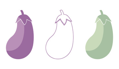 Three stylized eggplants one purple one outline one green aubergine