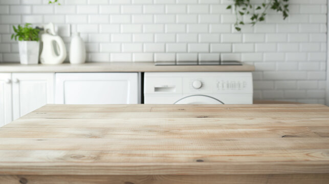 Mesa de Madeira Vazia em &Aacute;rea de Servi&ccedil;o Moderna e Clara.