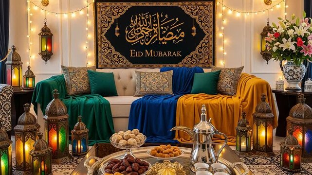 Elegant living room decorated for Eid Mubarak celebration with traditional lanterns, string lights, and a coffee table filled with Middle Eastern sweets and dates.