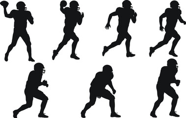 American football player silhouettes, athlete running, passing, tackling, dynamic sports illustration, team training, fitness exercise, competitive game, strength, action poses