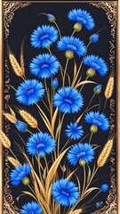 A floral bouquet of cornflowers and wheat
