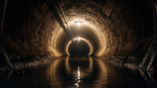 Lighted underground sewer tunnel with flowing water, showing municipal drainage system inspection concept, industrial footage.