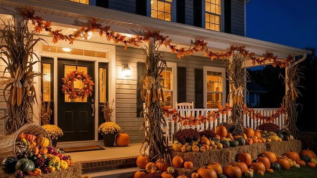 Beautifully decorated house porch for autumn with pumpkins, gourds, hay bales, and fall leaves, illuminated in the evening light, perfect for Thanksgiving or Halloween.