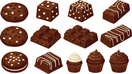 Assorted chocolate cookies, sweet cupcakes, creamy truffles, delicious brownies, tasty chocolate bars, bakery desserts, cocoa treats, homemade pastries, 