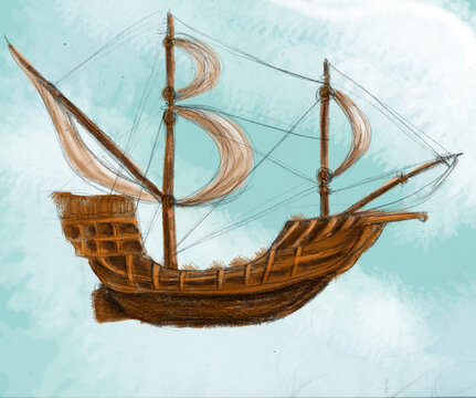 Vista lateral de barco antig&uuml;o. Ilustraci&oacute;n an&aacute;loga-digital a color.