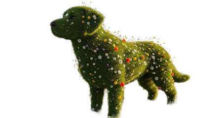 Fototapeta premium Green dog topiary with flowers stands in a grassy field under a sky.