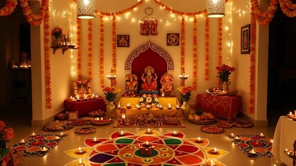 Beautifully adorned home interior for Diwali, showcasing glowing oil lamps, intricate rangoli art, marigold garlands, and offerings to Hindu deities, creating a warm and spiritual festive atmosphere.