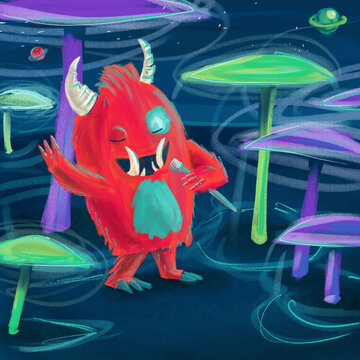 Concepto de Monstruo en bosque m&aacute;gico rodeado por hongos y colores fosforescentes. Ilustraci&oacute;n digital