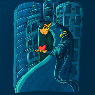 Mujer sostiene su coraz&oacute;n con las manos en una ciudad fr&iacute;a, ilustraci&oacute;n an&aacute;loga-digital