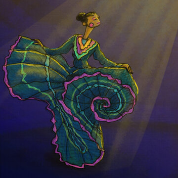 Ilustraci&oacute;n an&aacute;logo-digital de bailarina de folklor mexicana