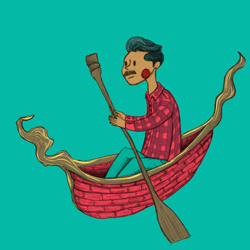 Ilustraci&oacute;n digital de hombre mexicano en canoa