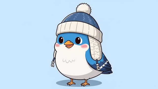 Cute Blue Cartoon Bird Wearing a Winter Hat Animation.