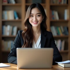 A woman sitting at a desk in front of a laptop computer.