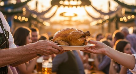 Hands passing roasted chicken at food fest