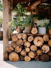 Stacked Logs With Garden Plants at a Rustic Marketplace During Daylight, Showcasing Natural Beauty and Outdoor Living