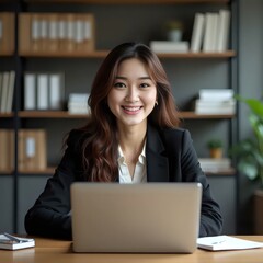 A woman sitting at a desk in front of a laptop computer.