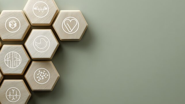 Modern hexagonal icons represent diverse business concepts on a clean, professional background