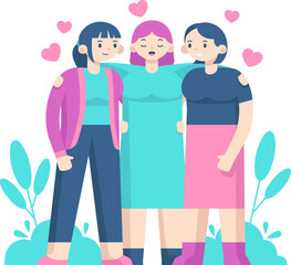 Celebrating Women Together Three Women Hugging with Pink Hearts and Green Leaves Illustration on Transparent Background for Women's Day