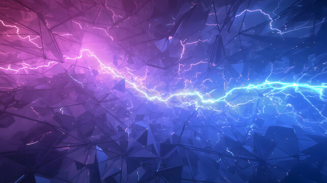Cosmic energy explodes through faceted geometry as neon lightning arcs carve a dramatic sci‑fi corri