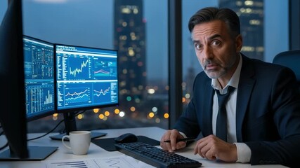 Focused middle-aged Caucasian businessman analyzing financial market data on multiple computer screens in a modern high-rise office at night with city lights - Powered by Adobe