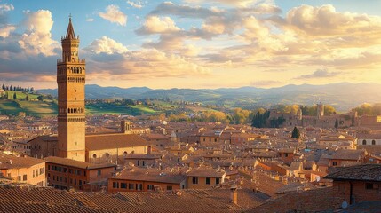 Obraz premium Panoramic view of a historic city with terracotta rooftops, a tall medieval tower, and a scenic countryside under a warm sunset sky with scattered clouds