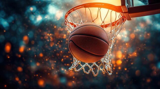 Close-up of a basketball passing through the hoop with glowing particles and an energetic background conveying excitement and dynamic motion