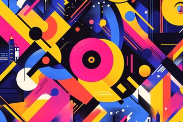 Obraz premium Colorful geometric summer music festival template, poster, banner Summer time fun concept design with vinyl record and city life background Vector illustration