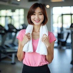 A woman in a pink shirt holding a white towel over her head.