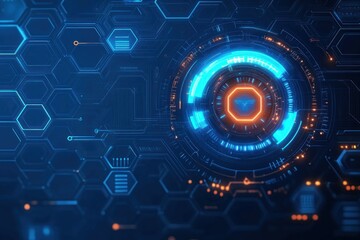 Futuristic digital interface with glowing blue and orange circular HUD elements on a dark hexagonal grid background evoking advanced technology and innovation