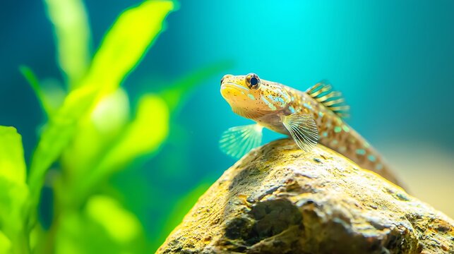 A small goby fish rests on a rock in a vibrant blue underwater environment