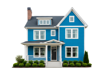 Modern blue suburban family house with white trim, front porch, and landscaped garden, stylish residential home exterior design isolated on white background