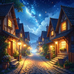 Fototapeta premium A quaint, idyllic village street at night, filled with warm light