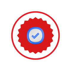 Red seal of approval with blue checkmark inside