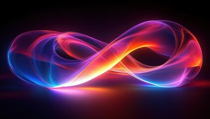 Naklejka premium Vibrant glowing figure-eight loop of intertwined neon light waves in purple, blue, pink, and orange on dark background, creating dynamic and futuristic energy