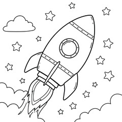 Minimalist rocket flying through stars and clouds on a white background. EPS 10.