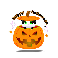 Adorable cat Peeks From A Bright Jack-O'-Lantern Pumpkin For Halloween Fun, Ghosts and stars surround the scene, creating a playful Halloween vibe perfect for festive campaigns.