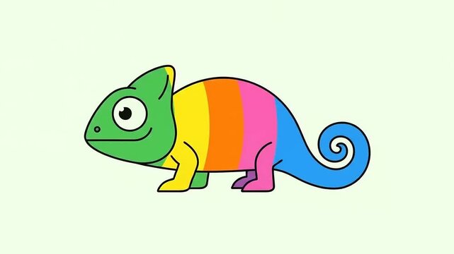 Cute cartoon chameleon with rainbow colors on a light green background.