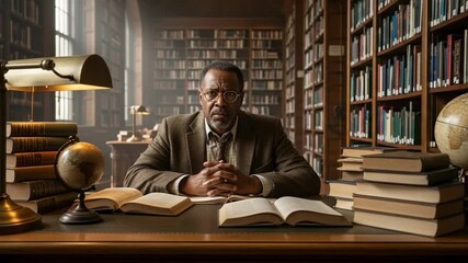 Thoughtful senior African American man studying in a grand library surrounded by books and academic tools - Powered by Adobe