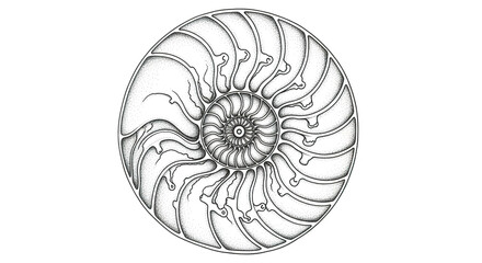 Obraz premium Nautilus shell cutaway showing chambers spiral pattern on white background.