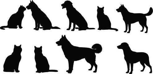Black silhouette illustration of cats and dogs sitting together, domestic pets design, animal shapes, vector artwork, isolated artwork, pet companionship